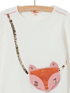 Girl's reversible fox and sequin t-shirt in ecru MASAUTEE1 / 21W901P2TML001