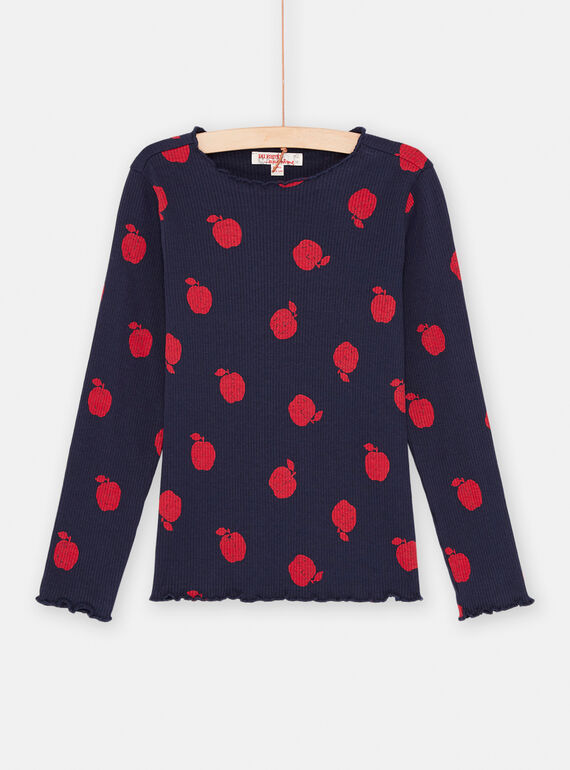 Girl's navy blue and red apple print T-shirt SAJOUTEE3 / 23W901G2TML070