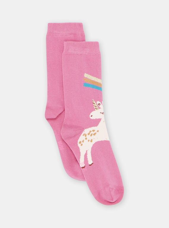 Girl's pink socks with unicorn print SYAVERCHO / 23WI01B2SOQ030