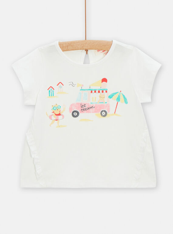 Ecru t-shirt with beach motif for baby girls TICLUTI1 / 24SG09O2TMC001