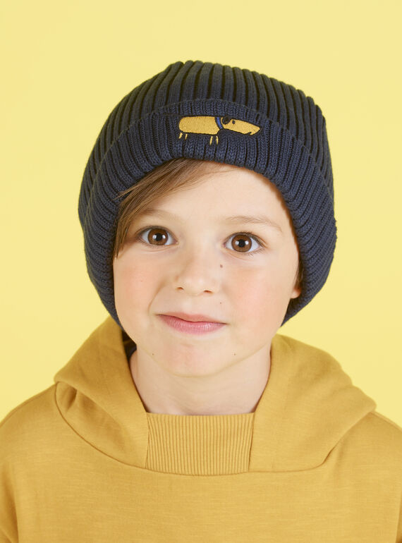 Midnight blue knitted hat child boy dog embroidery MYOGROBON1 / 21WI0255BON705