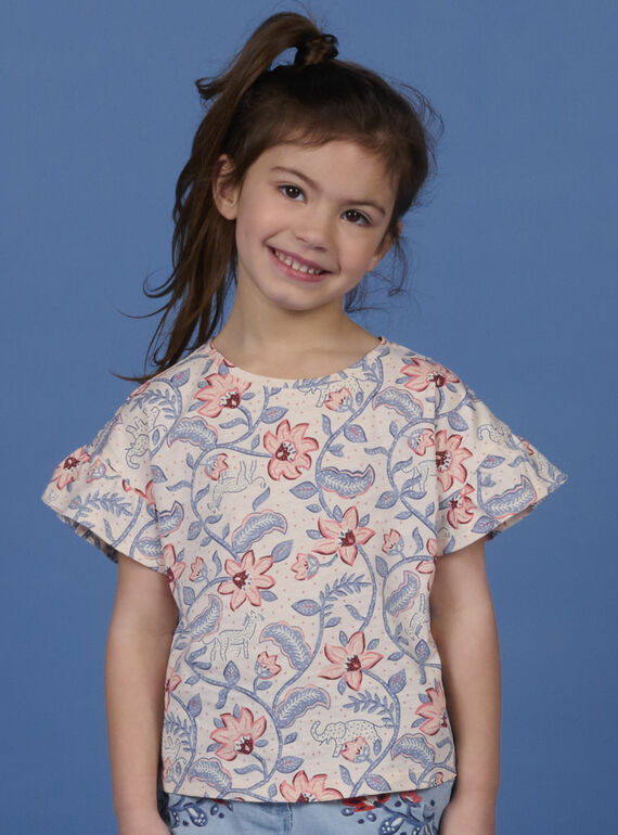 Child girl's cream, blue and pink short sleeve T-shirt NASANTI1 / 22S901S4TMCA002