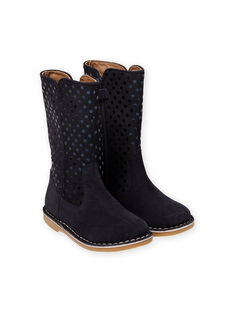 Navy blue high boots with tone-on-tone polka dots child girl MABOTTEJU / 21XK3582D10070