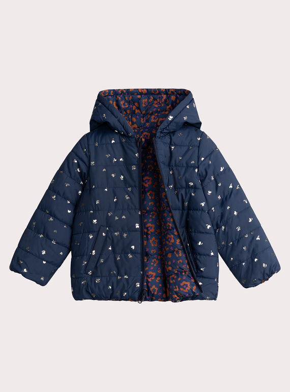 Reversible navy hooded down jacket for girls  VABIDOUNE / 24W901E1D3E070