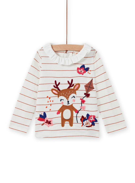 Striped T-shirt with ruffled collar and fancy deer motif baby girl MIFUNBRA / 21WG09M1BRA001