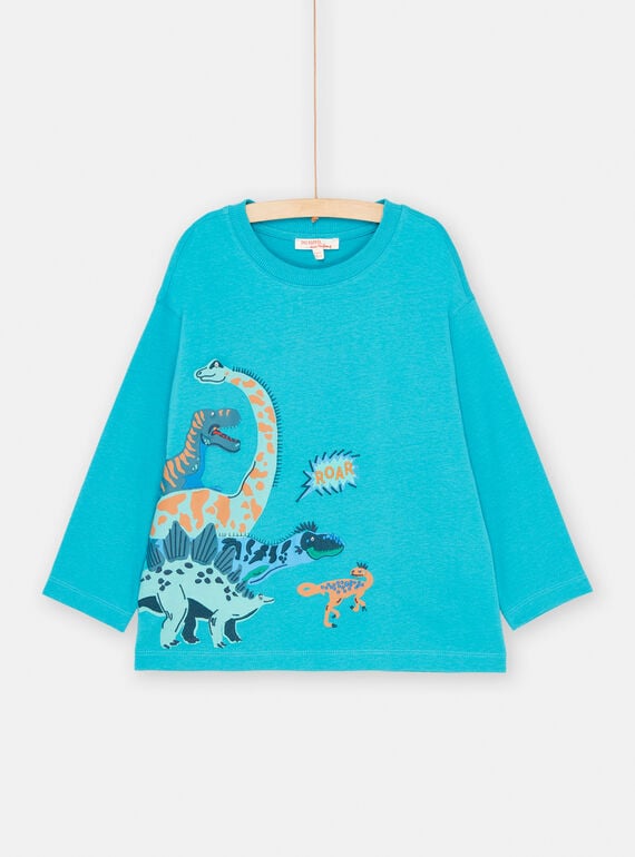 Boy's turquoise dinosaur T-shirt with embroidery SOVERTEE2 / 23W902J2TML209