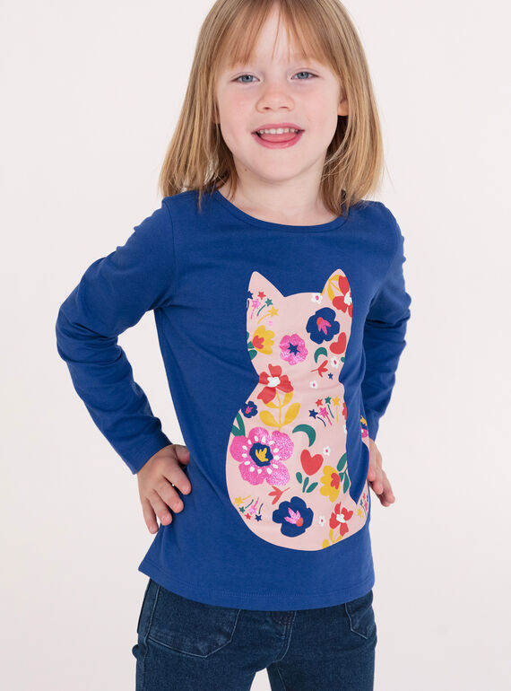 T-shiRt blue animation glittery flowery cat for girl  VAROTEE3 / 24W901P1TMLC207