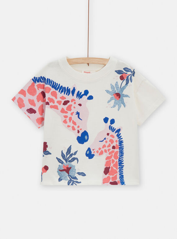 Ecru t-shirt with giraffe animation and sequins for girls VADATI1 / 24W90121TMC001