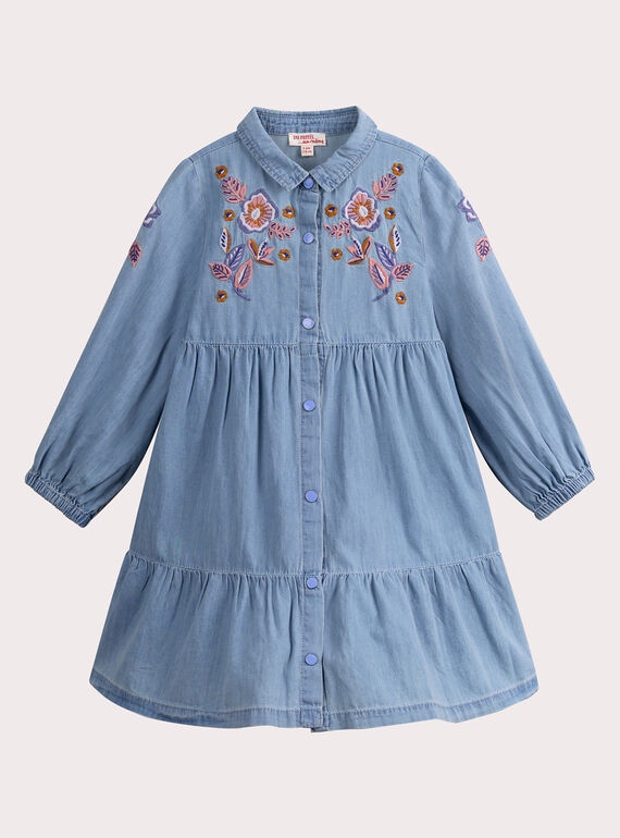 Girl's denim-effect dress with floral embroidery VADAROB3 / 24W90123ROBP272