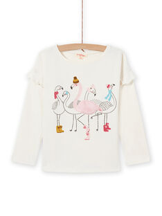 Girl's ecru t-shirt with pink flamingo sleeves MAHITEE1 / 21W901U2TML003