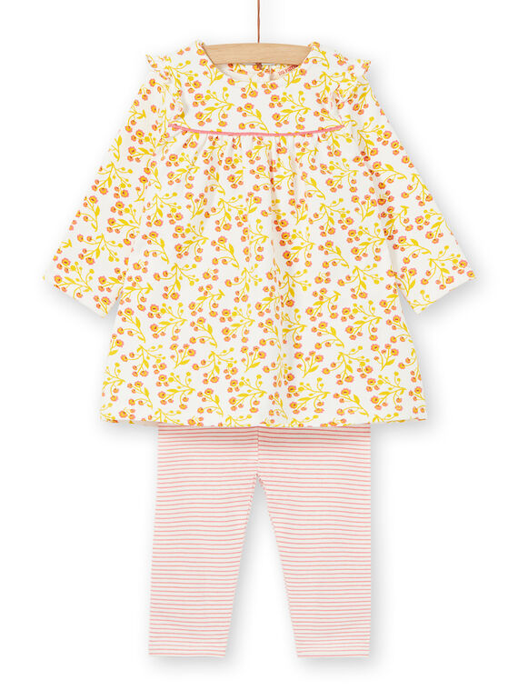 White and yellow dress set with floral print and white and red leggings with baby girl stripes LINAUENS1 / 21SG09L2ENS001