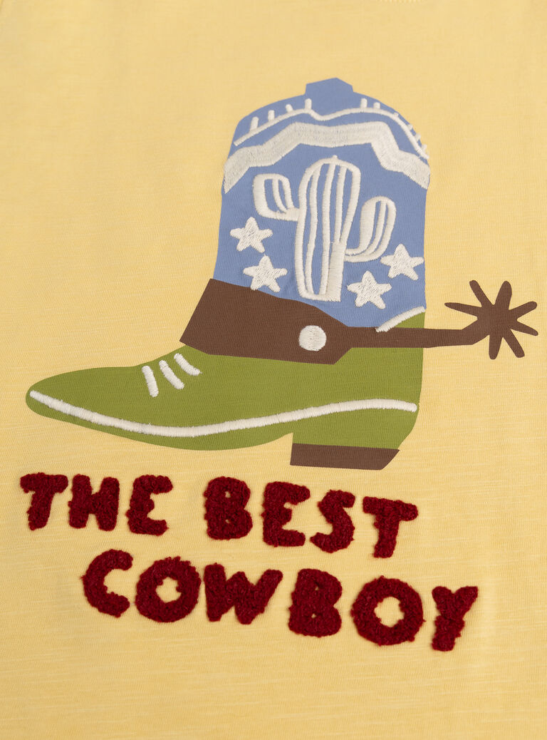 Long-sleeved pale yellow cowboy design T-shirt Long-sleeved pale yellow cowboy design T-shirt WOLANTEE2 / 25S90241TMLB102