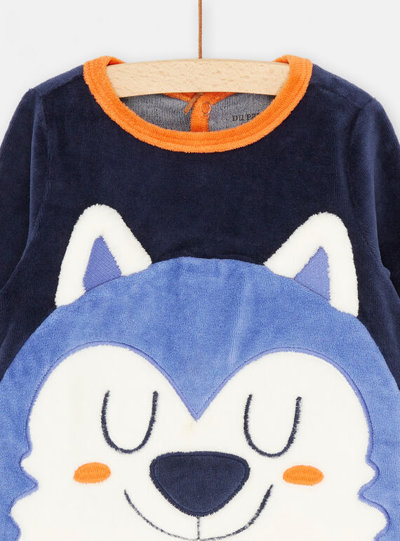 White and navy blue romper with wolf motif SEGAGRELOU / 23WH1454GREH701