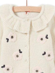 Baby girl's ecru knitted cardigan with ruffled collar and flowers MIHICAR1 / 21WG09U1CAR003