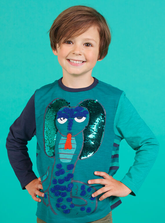 Turquoise blue T-shirt child boy with reversible sequins MOTUTEE1 / 21W902K5TML714