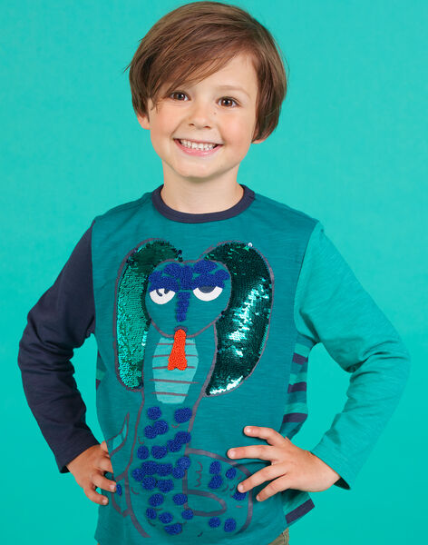 Turquoise blue T-shirt child boy with reversible sequins MOTUTEE1 / 21W902K5TML714