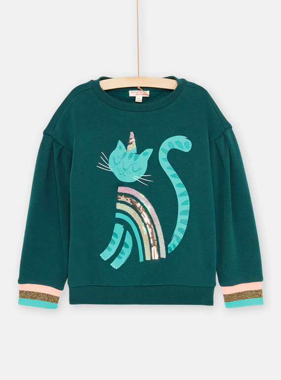 Girl's blue duck sweater with cat motif SADUSWEA / 23W901P1SWE714