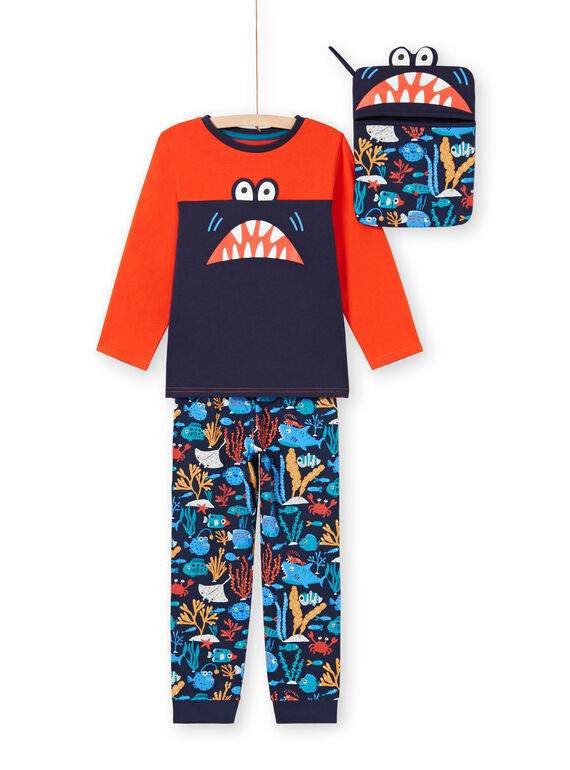 Boy's orange and dark blue T-shirt and pants pajama set MEGOPYJMAN4 / 21WH1274PYGE414
