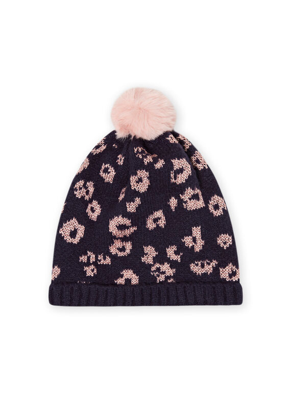 Child girl blue faux fur hat with leopard print MYAPOMBON / 21WI0161BONC205