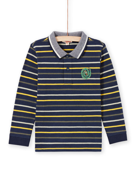 Boy's long-sleeved polo shirt in night blue stripes MOKAPOL / 21W902I1POL705