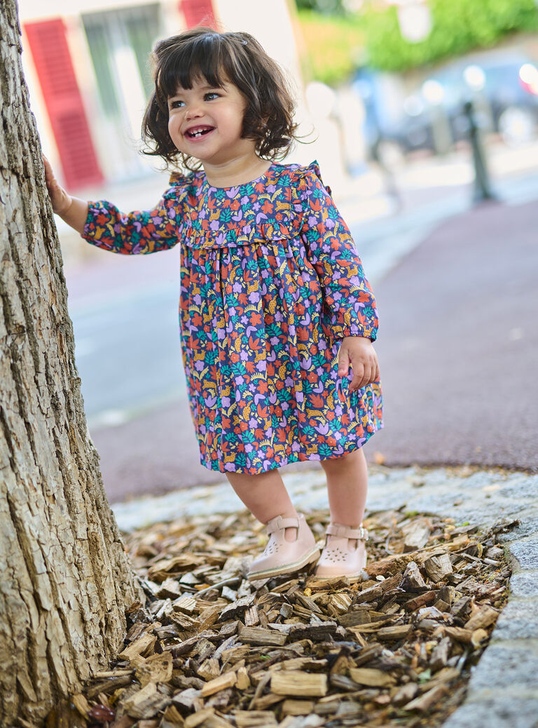 Navy blue and orange floral print dress Navy blue and orange floral print dress SILINROB1 / 23WG09H1ROBJ912