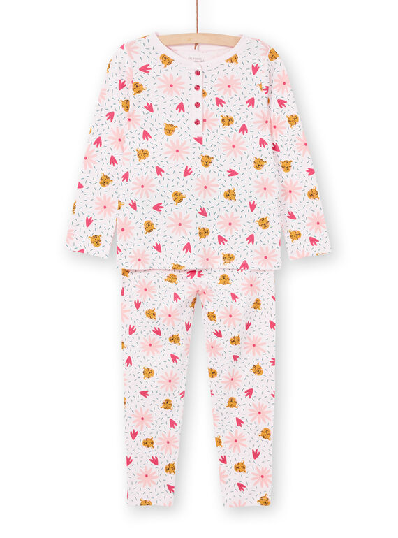 Pink ribbed children's pajamas with panther and flower prints LEFAPYJRIB / 21SH1158PYJ321