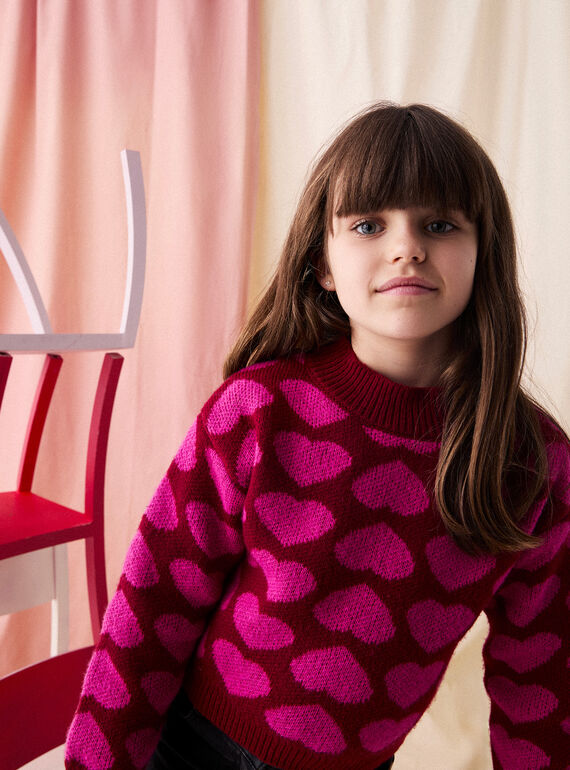 Red jacquard heart sweater for girls  VAKOPULL / 24W90131PULF529
