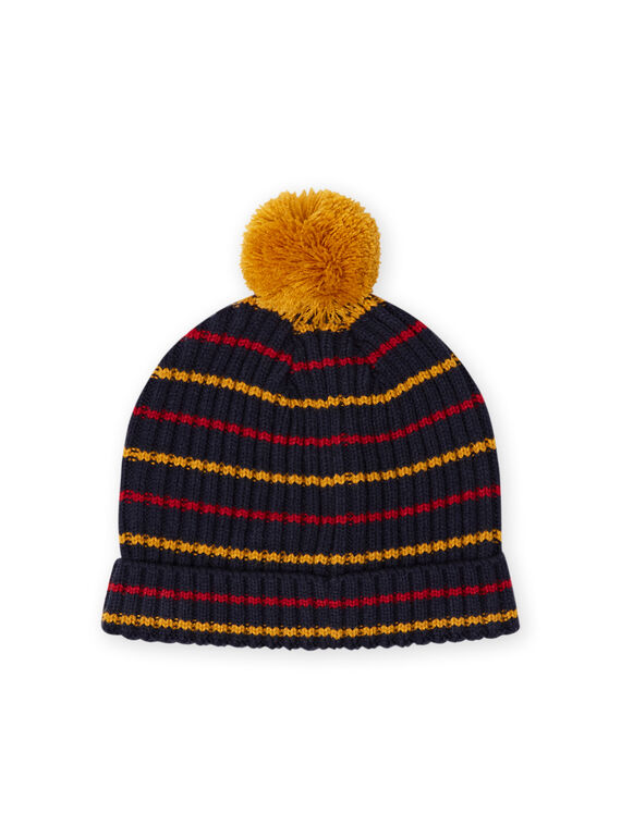 Boy's midnight blue, yellow and red striped beanie with pompom MYOGROBON2 / 21WI0254BON705