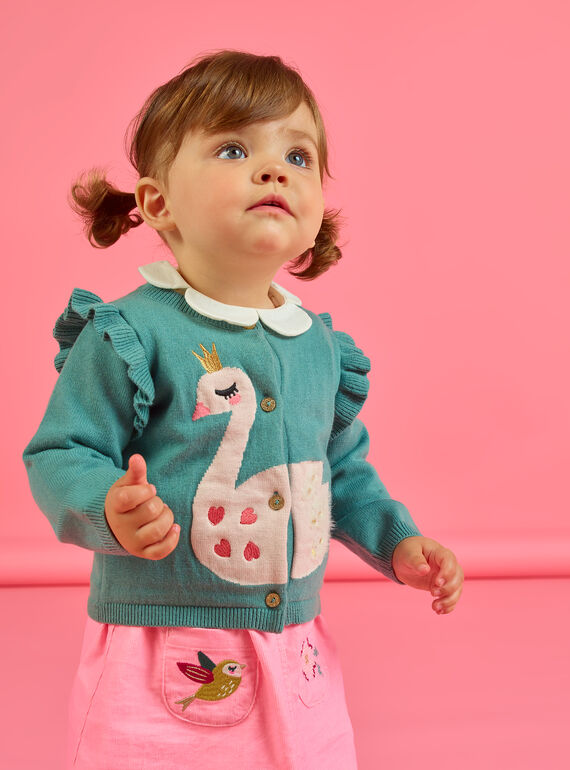 Baby girl khaki green cardigan with swan motif MIKACAR / 21WG09I1CAR612
