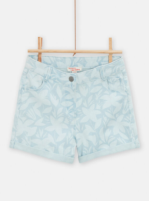 Light blue denim shorts with faded floral print for girls TAJOSHORT3 / 24S901C2SHO721