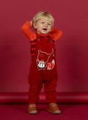 Baby boy's red corduroy overalls with fancy pattern