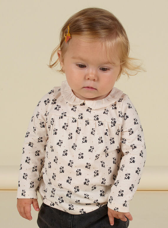 Baby girl ecru ruffled collar and floral print T-shirt MIHIBRA / 21WG09U1BRA003