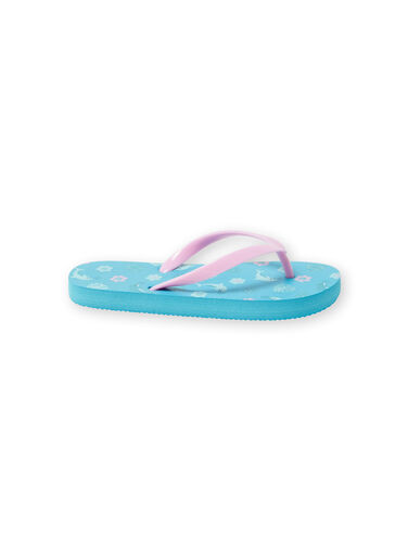 Girl's turquoise dolphin, flower and leaf print flip flops LFTONGMER / 21KK3564D01202