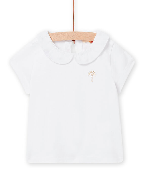 Baby girl's white t-shirt with golden palm tree and sailcloth collar NIJOBRA5 / 22SG09C1BRA000