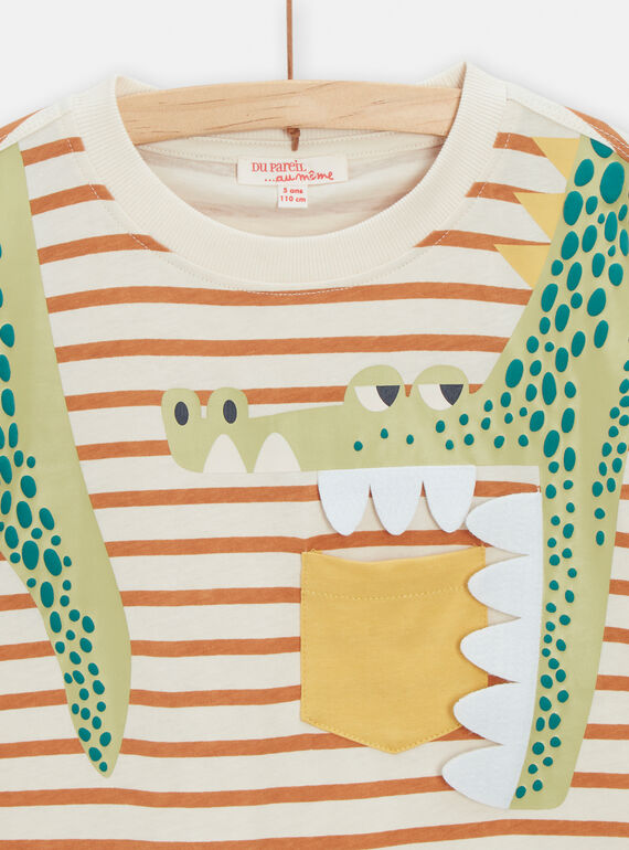 Ivory t-shirt with crocodile animation and stripes for boys TOLITI5 / 24S902T1TMC005
