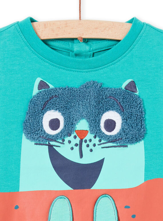 Turquoise long sleeve t-shirt with skater cat design for baby boy MUTUTEE1 / 21WG10K2TMLC217