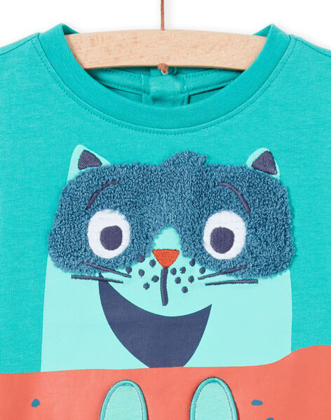 Turquoise long sleeve t-shirt with skater cat design for baby boy MUTUTEE1 / 21WG10K2TMLC217