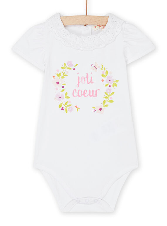 White bodysuit with flowery pattern and lettering RINEOBOD / 23SG09O1BOD000