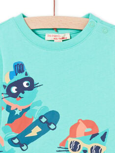 Turquoise t-shirt with skate cats design for baby boy MUTUTEE2 / 21WG10K1TML209