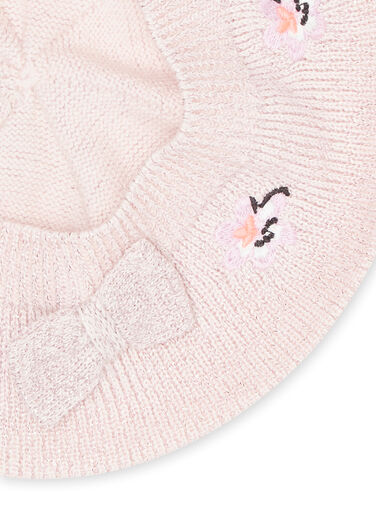 Baby girl powder pink knitted beret with floral embroidery NYIMOBON / 22SI09N1BOND327