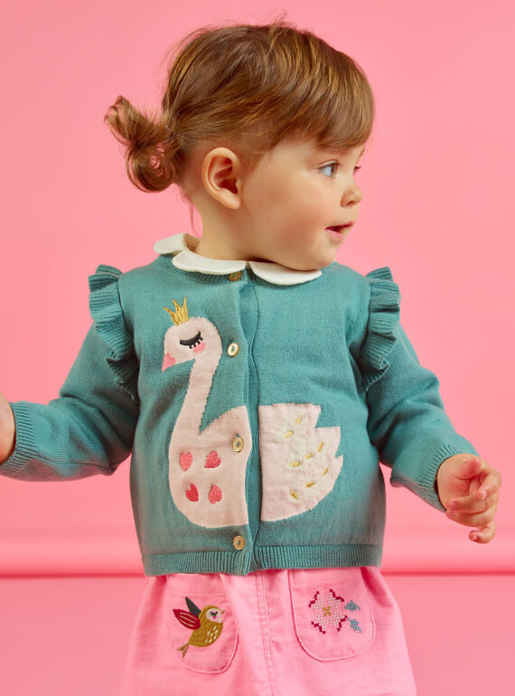Baby girl khaki green cardigan with swan motif MIKACAR / 21WG09I1CAR612