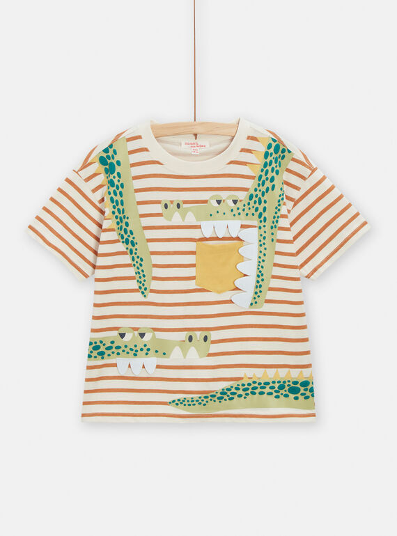 Ivory t-shirt with crocodile animation and stripes for boys TOLITI5 / 24S902T1TMC005