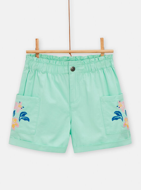 Water green shorts with floral embroidery for girls TARYSHORT1 / 24S901U1SHOC215