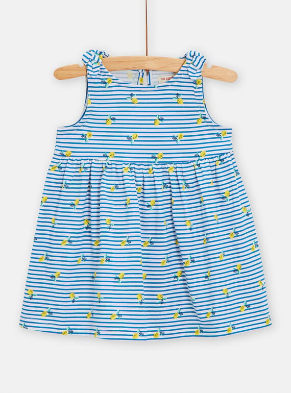Blue and white dress with stripes and lemon print for baby girls TIPLAROB1 / 24SG09S2ROB000
