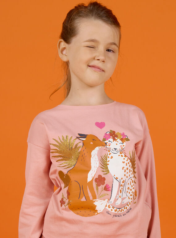 Pink long-sleeved T-shirt with fox and leopard print, baby girl MASAUTEE3 / 21W901P3TML303
