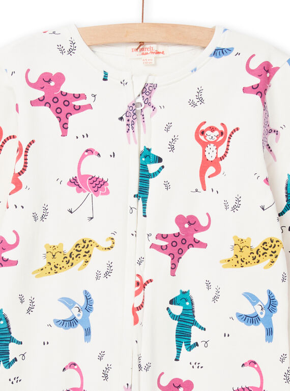 Ecru fleece jumpsuit with multicolored animal print child girl MEFACOMBAOP / 21WH1191D4F001