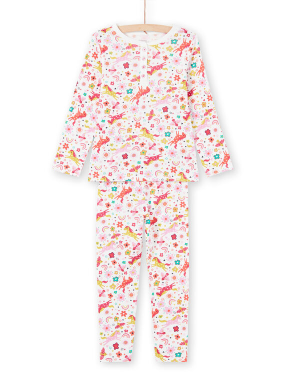 Girl's pink and ecru unicorns and fantasy print pajama set MEFAPYJUNI / 21WH1186PYJ001