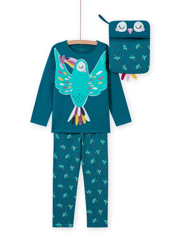 Girl's phosphorescent bird turquoise pajama set MEFAPYJTOU / 21WH1172PYGC217