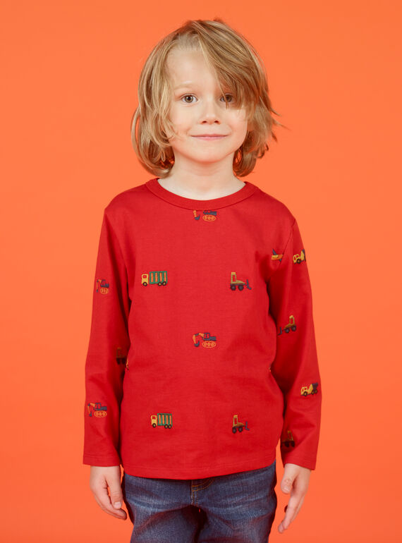 Boy's red long sleeve t-shirt with car, tractor and helicopter print MOCOTEE2 / 21W902L4TMLF521