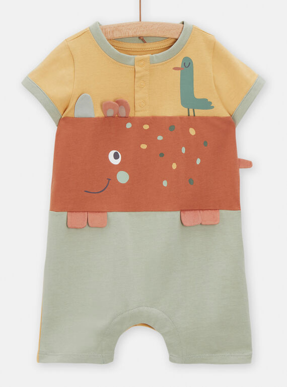 Red, yellow and pale green rhinoceros-animated romper for baby boys TEGAGRERINO / 24SH1452GRE113